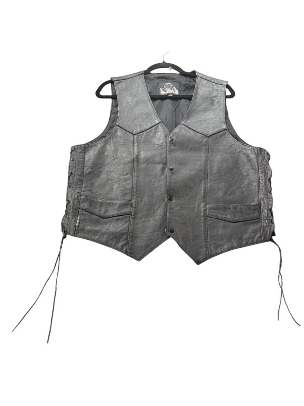 Leather King Black Leather Motorcycle Vest Mens Size 48 With Lace-Up Sides And S